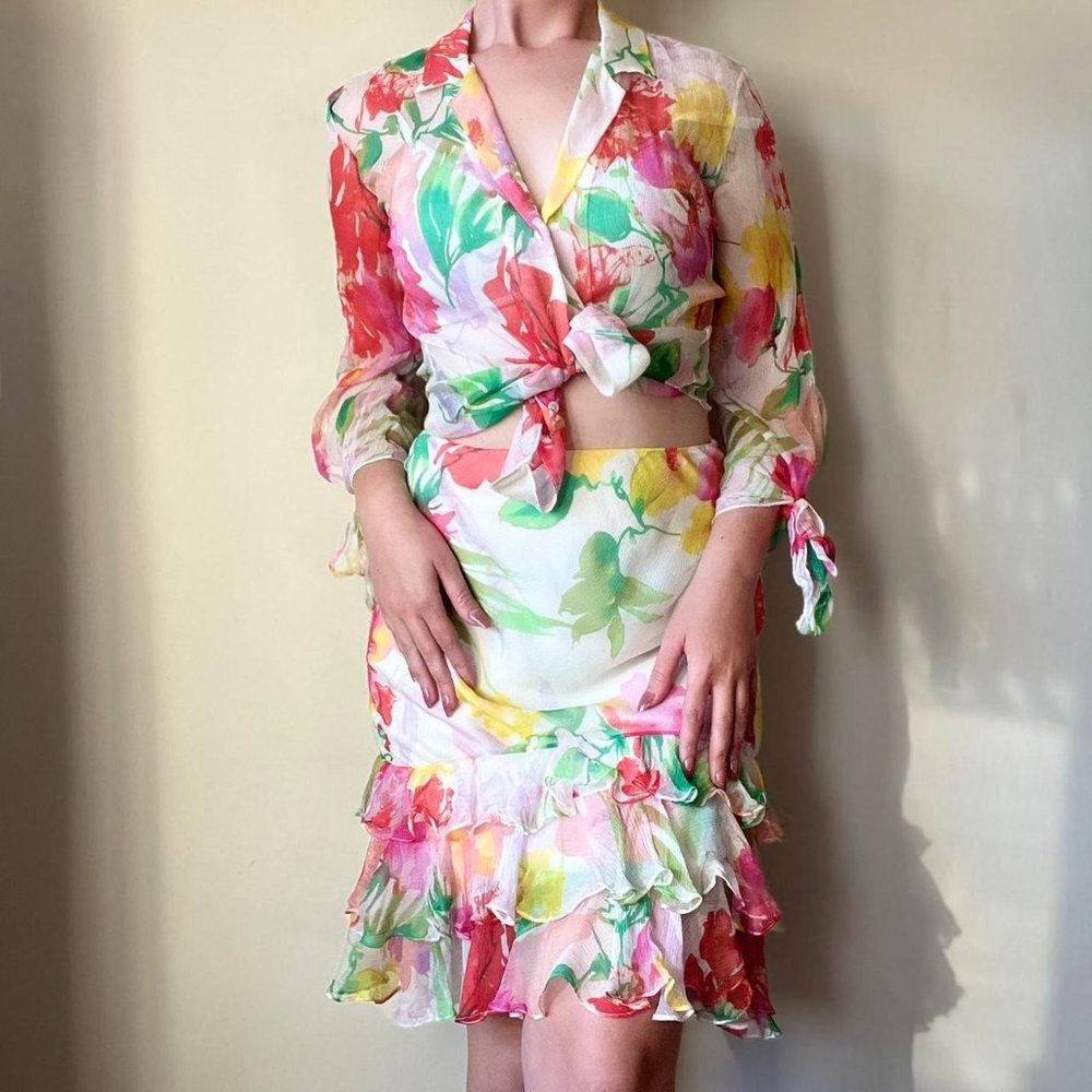 Black Label Ralph Lauren Floral Silk Blouse and Skirt Size 2 Set